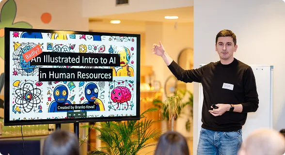 Logikka team member presenting an illustrated introduction to AI in Human Resources